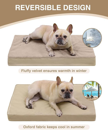 KSIIA Orthopedic Dog Bed Crate Waterproof Pet Mats for Medium Dogs Deluxe Plush Washable Pet Bed with Egg Crate Foam & Removable Cover, 29 x 18 Inch, Khaki