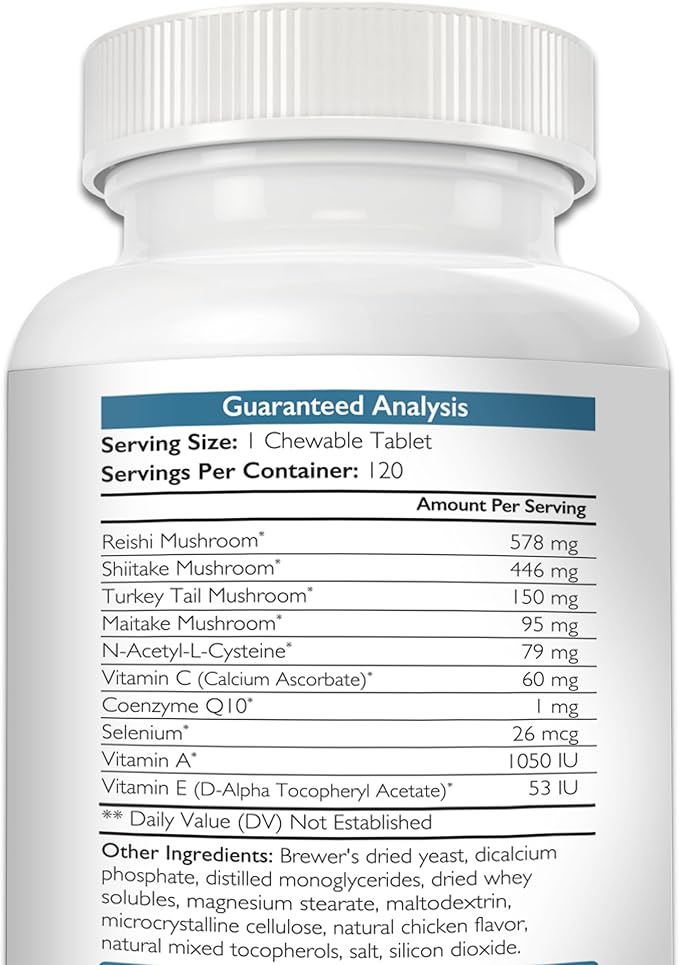 Immune Support for Dogs - Turkey Tail, Reishi, Shiitake & Maitake Mushroom Complex - Senior Dog Health, Antioxidants, CoQ10, Selenium, Vitamin A - 120 Chewable Tablets