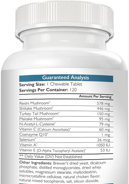 Immune Support for Dogs - Turkey Tail, Reishi, Shiitake & Maitake Mushroom Complex - Senior Dog Health, Antioxidants, CoQ10, Selenium, Vitamin A - 120 Chewable Tablets