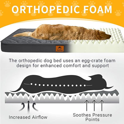 Cozy Dog Bed for XL Large Sized Dogs - Orthopedic Egg Crate Foam Pet Bed with Waterproof & Machine Washable & Non-Slip Bottom, Ideal for Crate and Indoor Use, 41x27 Inch, up to 80 lbs, Dark Grey