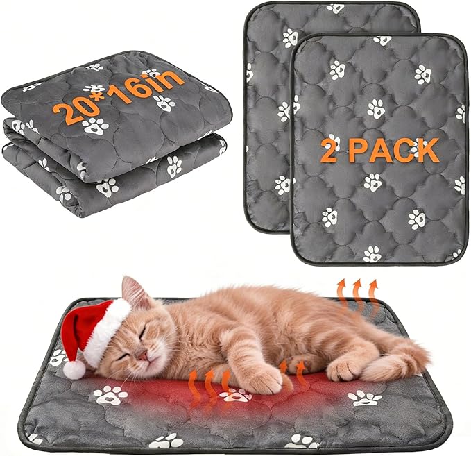 BEAUTYZOO Self Warming Cat Bed Pad, Self Heating Dog Bed Mat, Heated Cat Bed for Indoor Outdoor Cats, Thermal Warmer Pet Pad for Kitten Puppy Washable Non-Slip Chew Proof, 2 Pack 16 x 20 Inches Gray