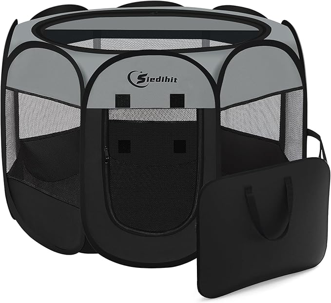 Siedihit Dark Grey Puppy Playpen for Large Dog Cat, Dogs Tent Crates Cage Indoor/Outdoor, Portable Pop Up Dog Kennel with Carrying Bag for Rabbits, (Dark Grey, Large)