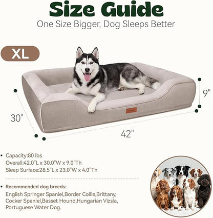 Orthopedic Dog Bed for Extra Large Dogs,Waterproof Cooling Gel Memory Foam XL Pet Sofa Non-Slip Bottom,Egg-Crate Foam Washable Removable Cover 42.0" LX30.0"X9.0"Th Beige