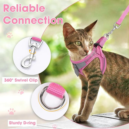 Cat Harness and Leash Set for Walking Escape Proof, Soft Adjustable Kitten Harness Breathable Mesh with Reflective Strips Harness for Kitty Puppy Bunny(Pink,S)