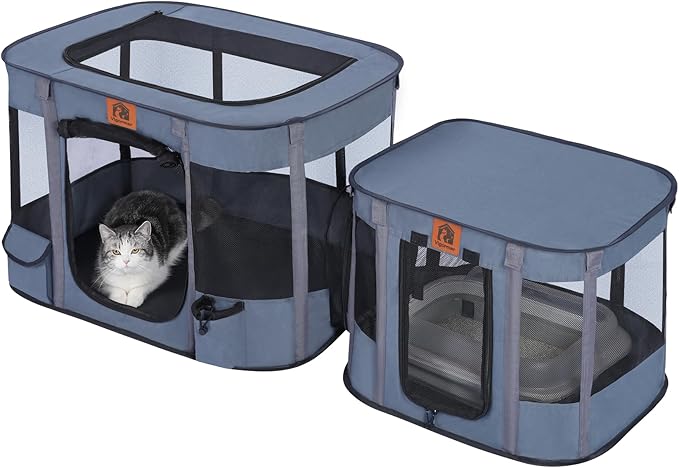 Portable Cat Playpen 2-in-1, Enclosed Kitten Playpen with Litter Box Cage Area, Pet Playpen with Collapsible Tent Rod Reinforced for Cats Puppy Rabbit Hamster Indoor Outdoor Use (Grey)