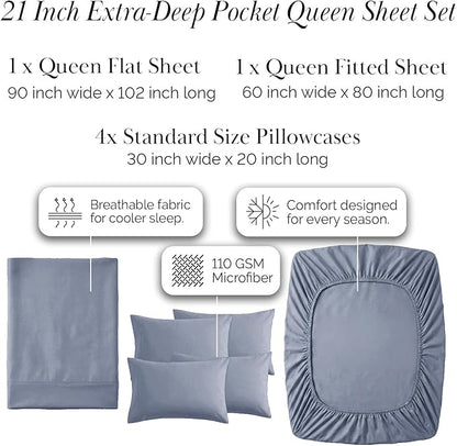 Southshore Fine Living, Inc. 6 Piece, 21-Inch Extra Deep Pocket Queen Sheets Set, Microfiber Blue Sheets, Oversized Flat, Fitted Sheet Set Queen Size, 4 Pillowcases, Slate Blue