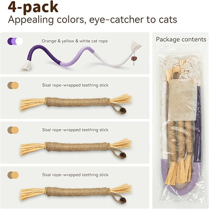 Cat Toys for Indoor Cats, 3 Pcs Silvervine Sticks with Gall Fruit & 1 Pc Cat Chew Rope for Teeth Cleaning, Interactive Cat Toys with Catnip, Kitten Chew Toys Teething for All Breeds Purple