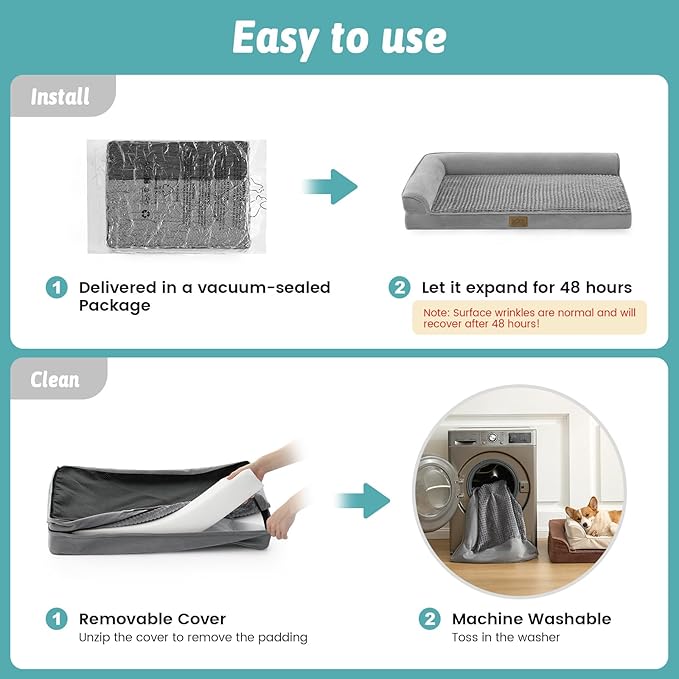 COZY KISS Orthopedic Dog Bed for Extra Large Dog 44x32 inch, XL Pet Sofa, Bolster Foam Bed with Sides, Non-Slip and Egg-Crate Big Dog Couch Bed with Washable Removable Cover, Grey