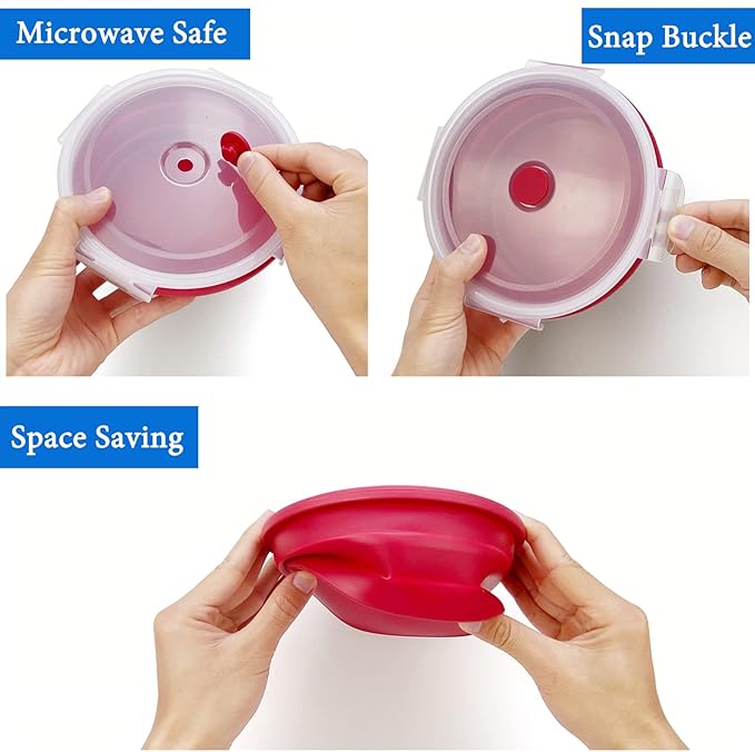 1200ml Large Camping Bowl with Foldable Spoon, Collapsible Bowl With Lid, Silicone Bento Box Container, For Travel Camping Meal Prep & Food Storage, Microwave Dishwasher Safe, Red