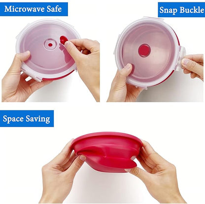1200ml Large Camping Bowl with Foldable Spoon, Collapsible Bowl With Lid, Silicone Bento Box Container, For Travel Camping Meal Prep & Food Storage, Microwave Dishwasher Safe, Red
