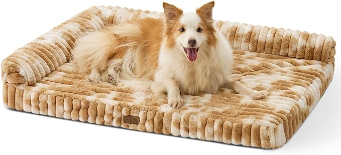 COZY KISS Large Dog Bed, Faux Rabbit Fur Orthopedic Foam Dog Bed with Sides, Removable Washable Cover & Waterproof Lining, Comfortable Pet Couch for Large Dogs, Tie-Dye Brown (44" L x 32" W x 7" Th)