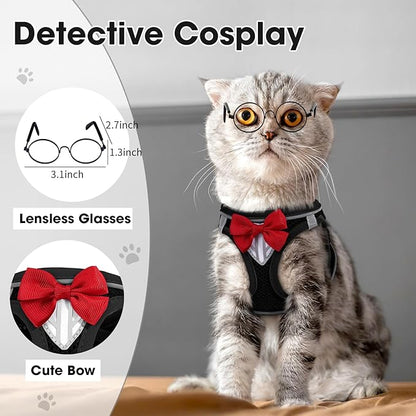 Cat Vest Harness and Leash Set for Walking Escape Proof, Adjustable Kitten Harness Breathable Mesh with Reflective Strips Harness for Kitty Puppy Bunny (Black,S)