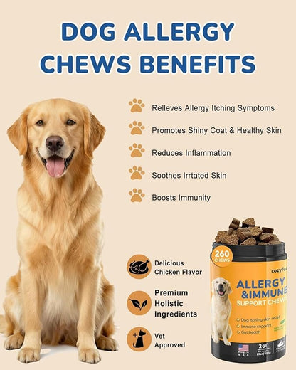 Dog Allergy Chews 260Ct - 23oz Dog Supplements for Itchy Skin and Paw Licking, USA Lab Formula with Probiotics, Dogs are Human Multivitamin Itch Relief, Boost Immune System