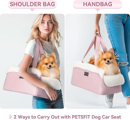 PETSFIT Cat Car Seat, Portable Console Dog Car Seat with Safe Protective Hooks, Luxury Pet Car Seat Includes Safety Leash and Storage Pocket for Pets Up to 9 lbs (Pink)