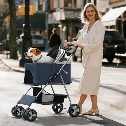 3-in-1 Visible Foldable Pet Carrier, Detachable Car Seat and Stroller with Push Button Entry for Small Pets, Cat Dog Carrier for Medium Dogs Cats Load Up to 33 lbs, Navy Blue