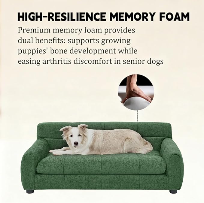 Dog Couch Bed with Backrest and Armrest, Durable Pet Sofa with Upholstered Foam Cushion, Elevated Dog Couch Bed with Legs for Medium Dogs, Emerald Green