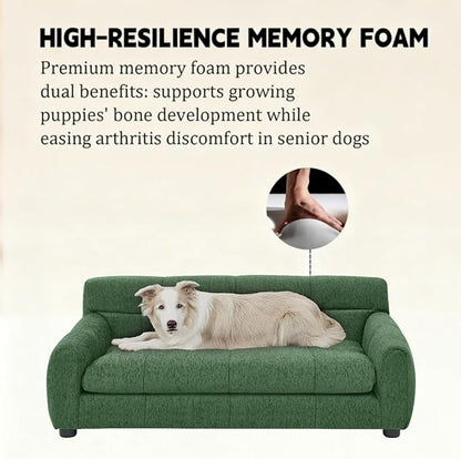Dog Couch Bed with Backrest and Armrest, Durable Pet Sofa with Upholstered Foam Cushion, Elevated Dog Couch Bed with Legs for Medium Dogs, Emerald Green