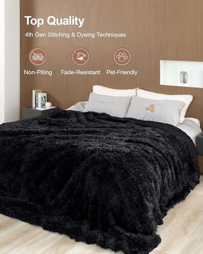 Pawque Faux Fur Blankets Queen Size 90x90 Inches, Soft Fuzzy Fluffy Blanket, Warm Thick Sherpa Long Hair Shag Reversible Lightweight Cozy Throw for Bedroom Sofa Couch, Black