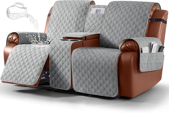 Ruaozz Waterproof Loveseat Recliner Cover with Console Non-Slip Reclining Couch Covers Split Sofa Slipcovers with Elastic Straps Furniture Protector for Kids, Dogs, Pets (Light Grey, 2 Seater)