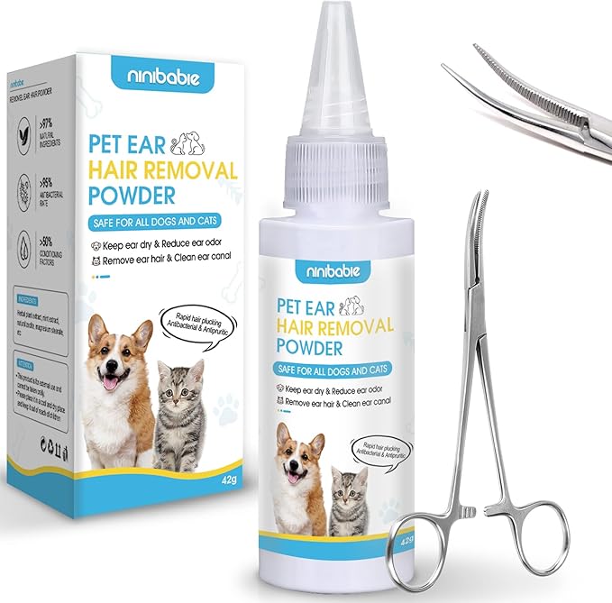 Dog Ear Care Kit - Dog Ear Powder for Hair Removal (42g) with Curved Grooming Tweezers - Effective Solution for Smelly Ears, Wax Buildup