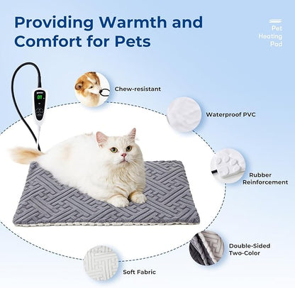ZOMISIA Cat Heating Pad - 11 Adjustable Temperature and 25 Timer Options, Heated Cat Bed Indoor with Chew-Resistant Cord for Small Dogs, 18x18 Inch