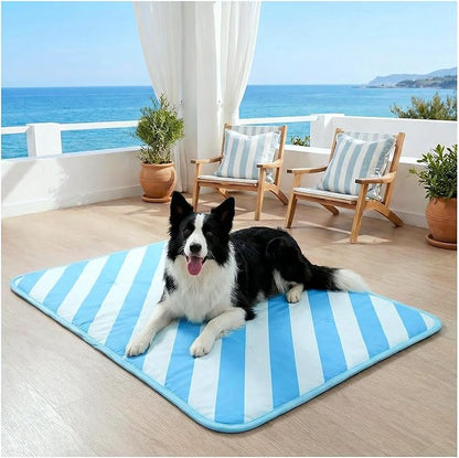 Dog Cooling Mat for Dogs & Cats, Soft Breathable Cooling Pad for Dog Bed, 35"x28" Self Cooling Crate Mat for Dogs, No Gel Washable Non-Slip Pet Cooling Mat Indoor Outdoor, Blue Stripe