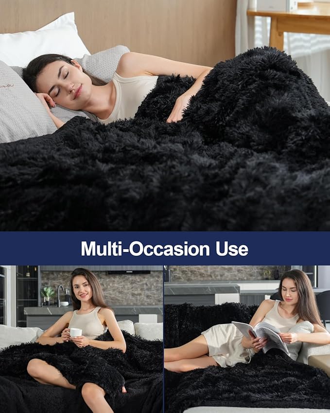 Pawque Faux Fur Throw Blankets 50x60 Inches, Soft Fuzzy Fluffy Blanket, Warm Thick Sherpa Long Hair Shag Reversible Lightweight Cozy Throw for Bedroom Sofa Couch, Black