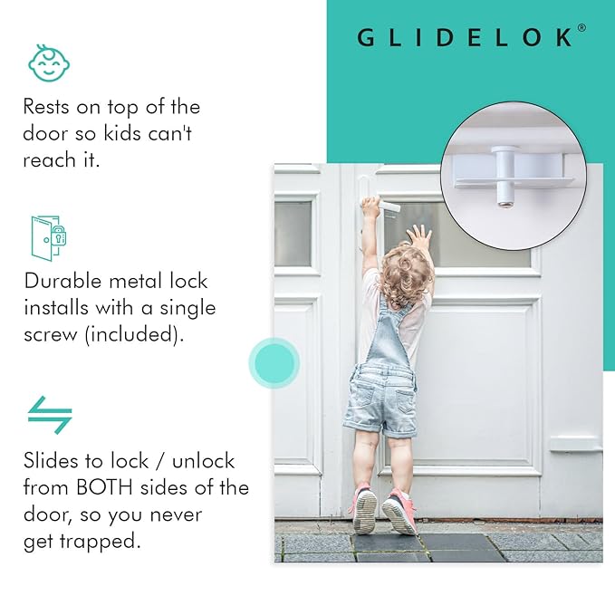 4 Pack – GlideLok Child Safety Door Top Lock | for Interior & Exterior Doors | Lock & Unlock from Both Sides | Stop Kids, Pets, Dogs & Cats from Opening Doors