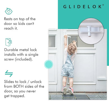 1 Pack – GlideLok Child Safety Door Top Lock | for Interior & Exterior Doors | Lock & Unlock from Both Sides | Stop Kids, Pets, Dogs & Cats from Opening Doors