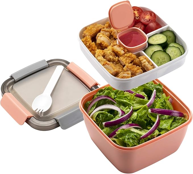 Freshmage Salad Lunch Container To Go, 52-oz Bowls with 3 Compartments, Dressing Container for Toppings, Snacks, Men, Women (Pink)
