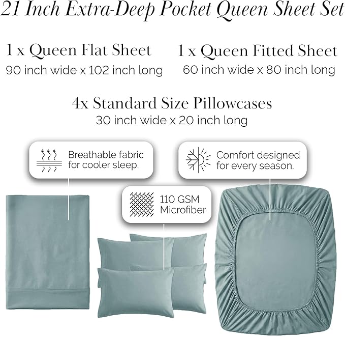 Southshore Fine Living, Inc. 21-Inch Extra Deep Pocket Queen Sheets, 6 Piece Queen Sheet Set Deep Pocket, Pet Hair Resistant Microfiber Fitted Sheet, Blue Pillow Cases Set of 4, Steel Blue Sheets