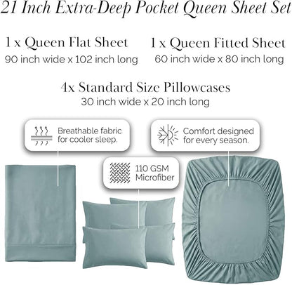 Southshore Fine Living, Inc. 21-Inch Extra Deep Pocket Queen Sheets, 6 Piece Queen Sheet Set Deep Pocket, Pet Hair Resistant Microfiber Fitted Sheet, Blue Pillow Cases Set of 4, Steel Blue Sheets