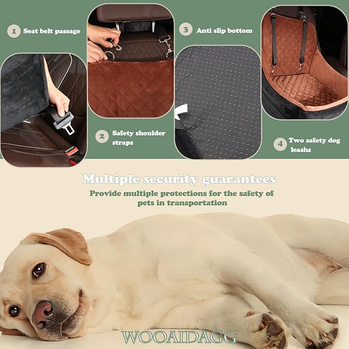 WOOAIDAGG Dog Car Seat for Medium Sized Dog,Pet Travel Car Bed with Seat Belt Channle,Fully Detachable and Washable Car Dog Seat with Adjustable Straps,3 Straps Easy to Install (Black/Brown)