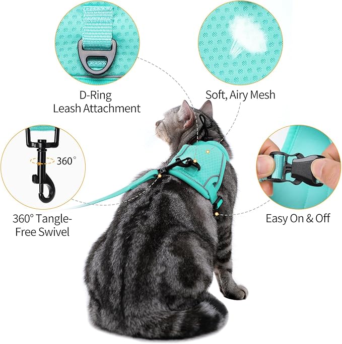 Dotoner Escape Proof Cat Harness and Leash Set Adjustable Soft Mesh Vest for Walking Safe Travel Vet Visit with Reflective Strips for Cats and Kittens(Turquoise-S)