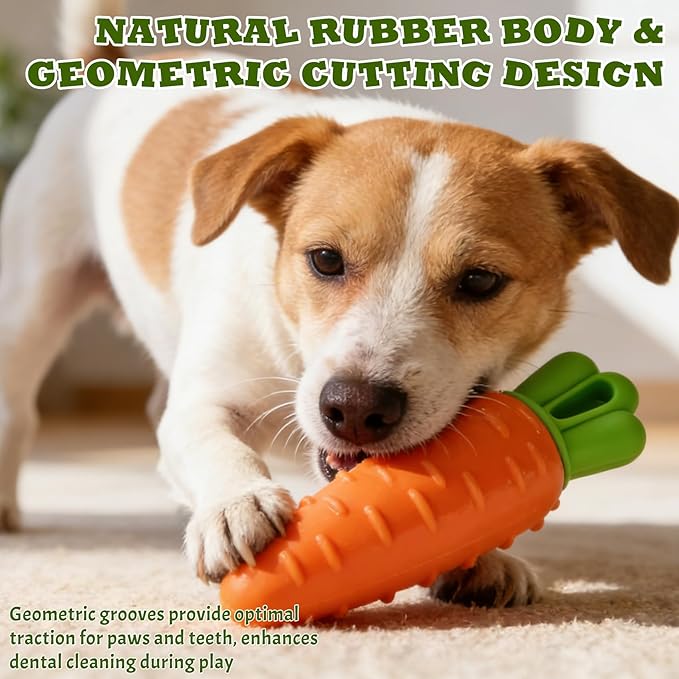 DAMAH Indestructible Carrot Dog Toy for Aggressive Chewers with Squeaky, Rubber Tough Dog Squeaky Chew Toys Teeth Cleaning Toy for Large, Medium and Small Breeds