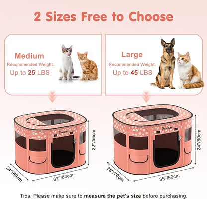 Dog Playpen, Portable Pet Cat PlayPen, 600D Oxford Dog Kennel Tent Crate, Breathable&Waterproof, Outdoor Indoor Travel Camping for Medium/Large Breed with Carrying Case+Bowl, L, Light Pink Flowers