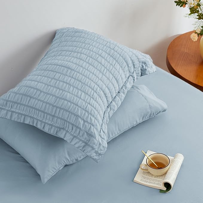 Love's cabin Seersucker Light Blue Full Comforter Set, 7-Piece All Season Lightweight Bed in a Bag Bedding Set with Comforter, Flat Sheet, Fitted Sheet, Pillowcases and Shams | Soft, Breathable, Lightweight