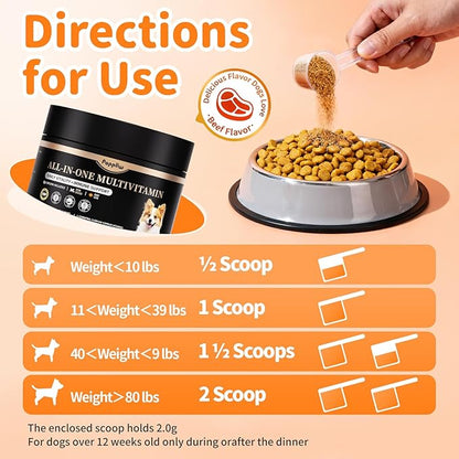 Dog Vitamins and Supplements for Daily Energy, Immune, Antioxidants, Gut, Skin & Coat, Dog Multivitamin Powder for Homemade Food with L-Carnitine, Taurine, Probiotics - Beef Flavor, 75 Scoops