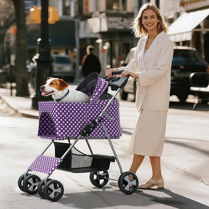 3-in-1 Visible Foldable Pet Detachable Carrier, Car Seat and Stroller with Push Button Entry for Small Pets, Cat Dog Stroller for Medium Dogs Cats Load Up to 33 lbs, Purple Polka Dots