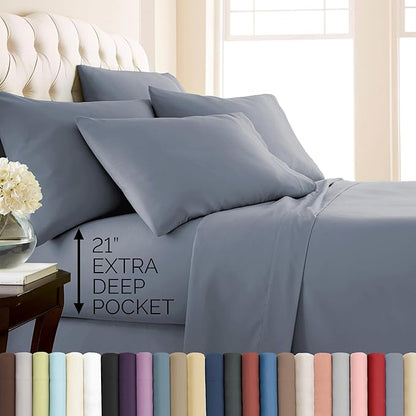 Southshore Fine Living, Inc. Extra Deep Pocket Twin Bed Sheets Set, 4-Piece Ultra Soft Microfiber Sheets with 21" Deep Twin Fitted Sheet, Oversize Flat Sheet, 2 Standard Size Pillowcases, Slate Blue
