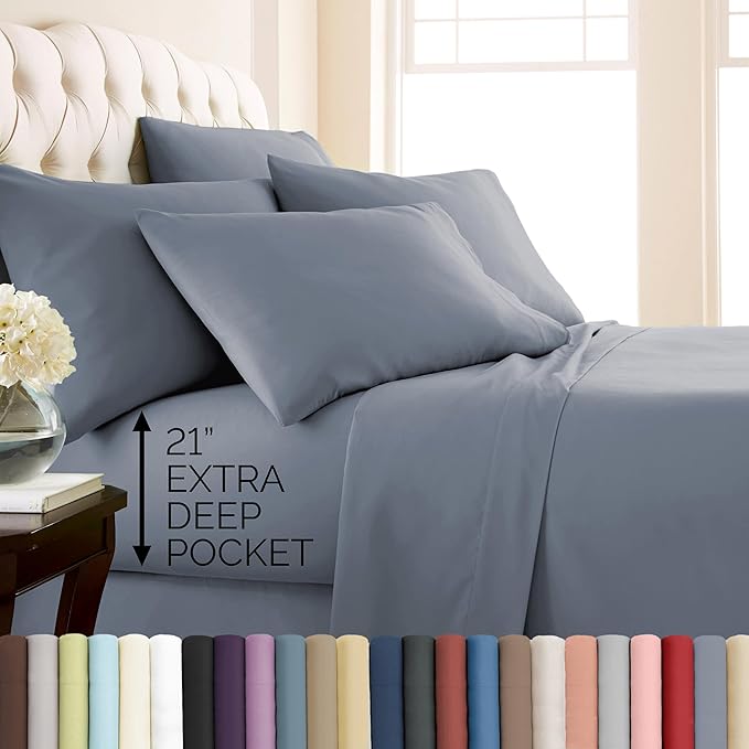 Southshore Fine Living, Inc. 6 Piece, 21-Inch Extra Deep Pocket Queen Sheets Set, Microfiber Blue Sheets, Oversized Flat, Fitted Sheet Set Queen Size, 4 Pillowcases, Slate Blue