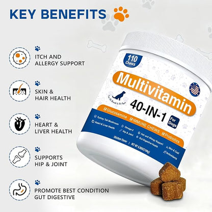 Dog Multivitamin, 40-in-1 Dog Vitamins and Supplements Chewable Contain Probiotics Omega-3 Glucosamine, Multivitamin for Dogs Skin Coat Heart Joint Liver Brain Eyes Immune Support (110ct)