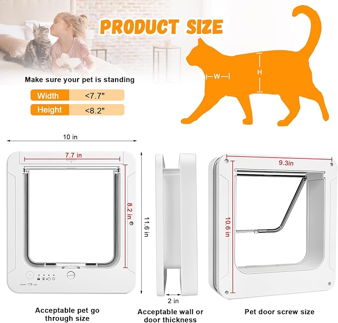 Smart Cat Door for Interior & Exterior, RFID Cat Pet Door with 3 Collar Sensor Keys & 1 Remote Control & 4 Way Locking Cat Flap with Collar Sensors Activated Opening CatDoor (White) (White)