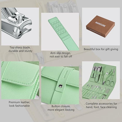 Manicure Set Professional Nail Clippers Pedicure Kit, 16 pcs Stainless Steel Nail Care Tools Grooming Kit with Luxurious Travel Leather Case for Thick Nails Men Women Gift (Green)
