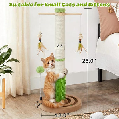 Cat Scratching Post, 26 Inch Tall Scratching Posts for Indoor Cats Adults and Kittens, Small Cat Scratch Post with Rotatable Hanging Toys, Rubber Brush and Double-Layer Interactive Wooden Ball Track