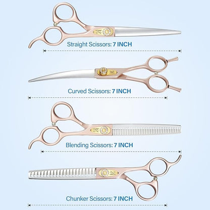 JASON Dog Grooming Scissors Set, Professional 6 in 1 Dog Scissors Sharp Shears Set - 7" Thinning, Chunker, Straight, Curved Shears and Comb for Dog Cat Pet, Rosegold Christmas Gift
