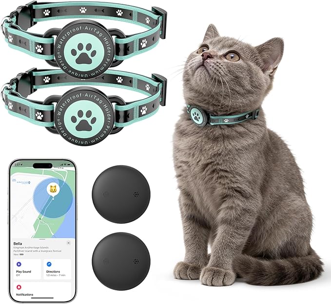 GPS Cat Tracker Collar(iOS & Android), Bluetooth Mini GPS Dog Tracker, Smart Pet Activity Tracker, No Monthly Fee, Work with Apple Find My & Google Find Hub, Finder Tag for Pets,Items 2P Blue