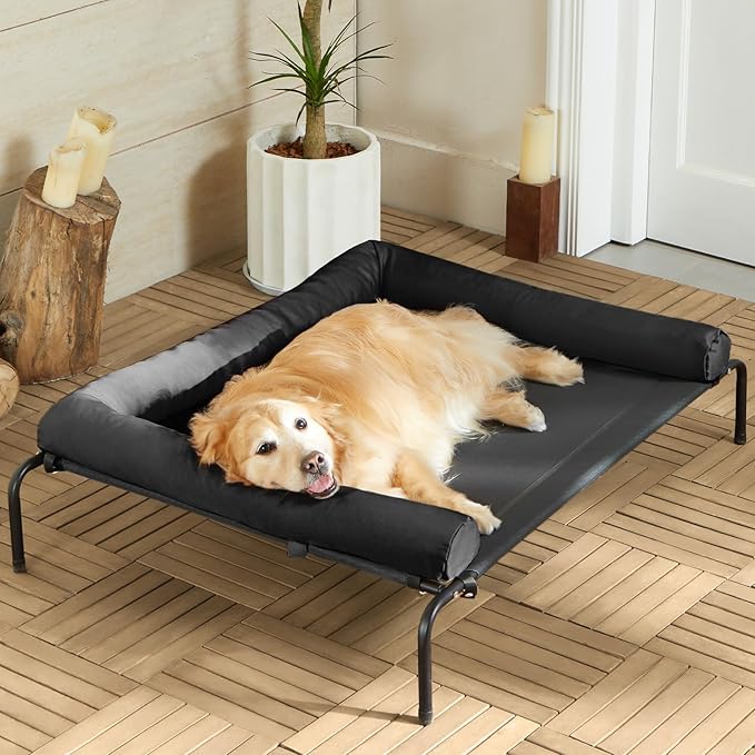 Cooling Elevated Dog Bed for Large Dogs – Waterproof Raised Dog Cot with Slope Headrest, Breathable Teslin Mesh, Durable & Portable Pet Bed for Indoor and Outdoor Use, Black