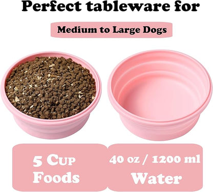 Joyinjojo Collapsible Dog Bowls with Lids, 2 Pack Portable Travel Dog Bowls for Small Medium Large Dogs, Silicone Foldable Outdoor Dog Cat Food Water Bowls for Camping Hiking Road Trip, Pink 40 oz