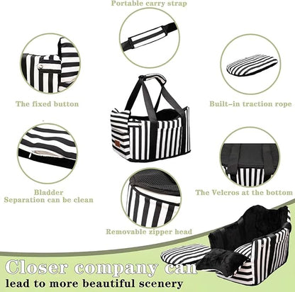 Cullaby Dog Car Seat for Small Dogs Under 15 lbs – Center Console Pet Carrier with Safety Belt, Storage Pockets, Removable Washable Cover – B&W Stripes, Secure & Comfortable for Small Puppies/Cats